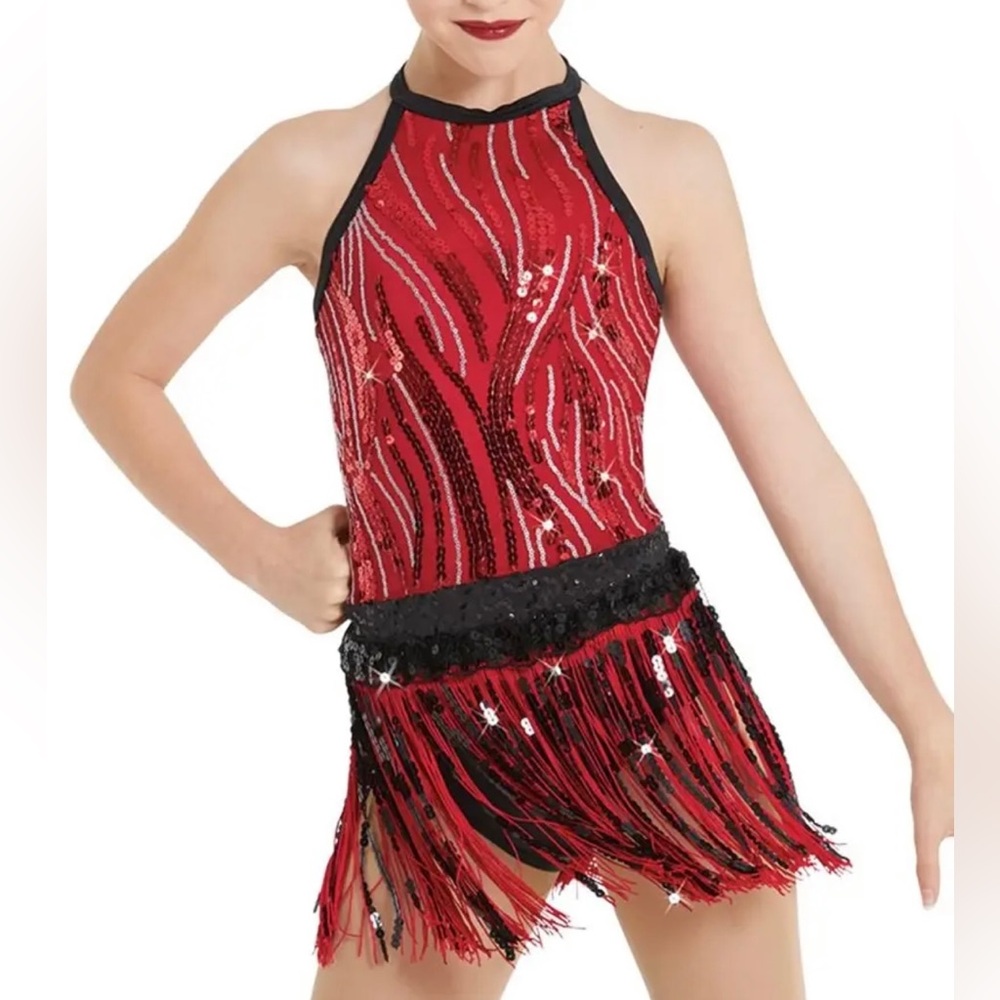 Weissman Red & Black Sequin Fringe Dance Costume